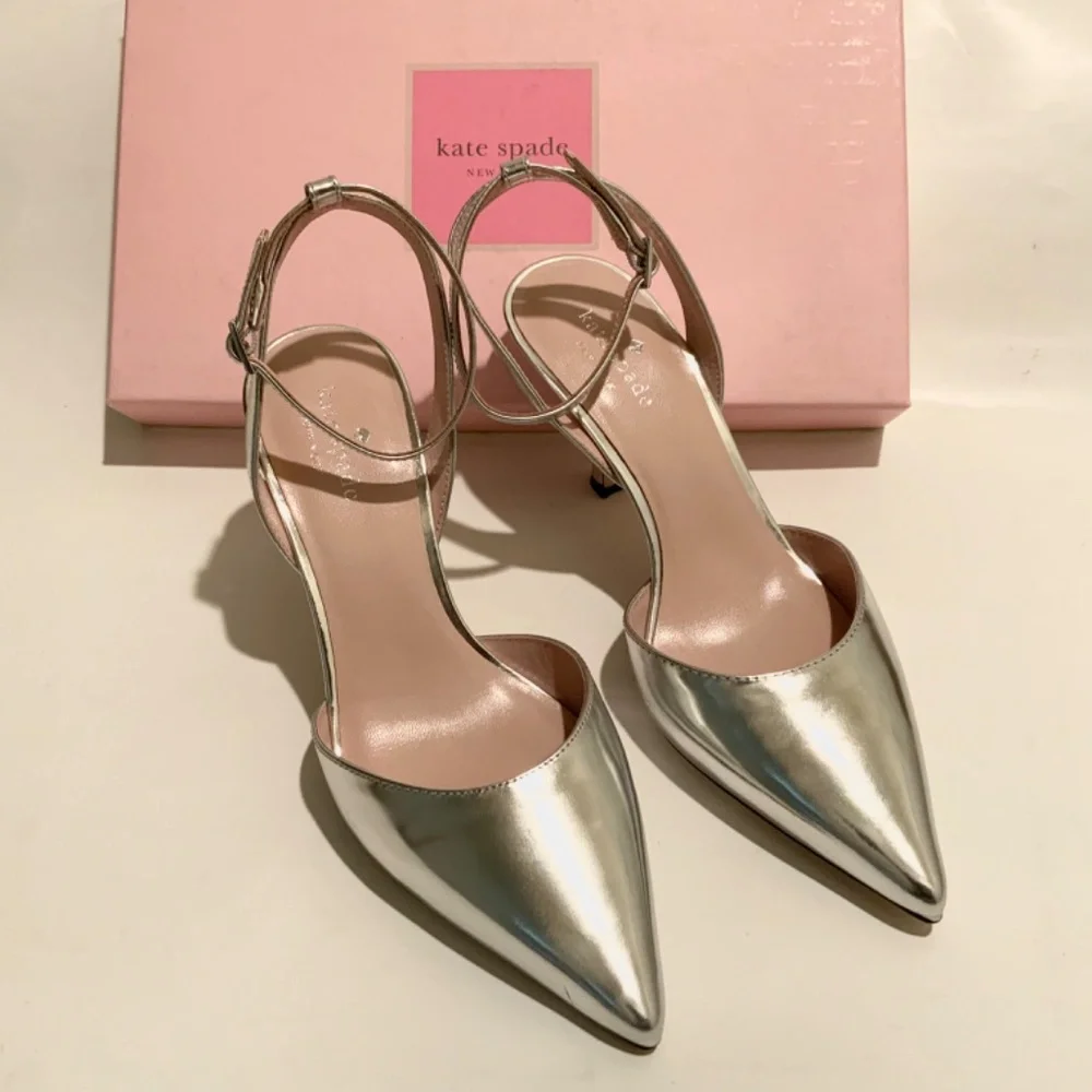 KATE SPADE Simone Pointed-toe Ankle-strap Leather Pumps Silver Dress Shoes 7.5 - Picture 5 of 9